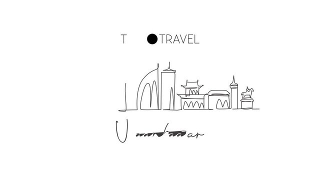 Animated self drawing of single continuous line draw Ulaanbaatar city skyline, Mongolia. Famous city landscape home wall decor art poster print. World travel concept. Full length one line animation.
