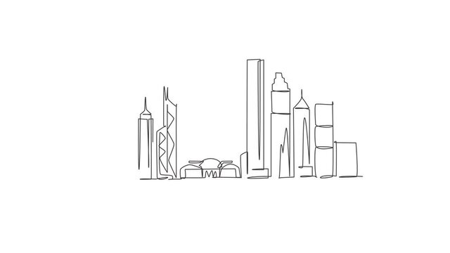 Animation of one line drawing of Hong Kong city skyline, China. Historical town landscape home wall decor art poster. Best holiday destination. Continuous line self draw animated. Full length motion.