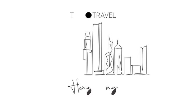 Animated self drawing of one continuous line draw Hong Kong city skyline, China. Beautiful landmark wall decor poster print. World landscape tourism travel vacation. Full length single line animation.