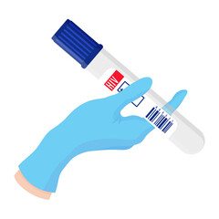 Vector cartoon doctors hand in blue glove holding empty test tube.