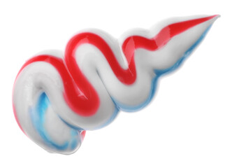Smear of colorful toothpaste isolated on white, top view