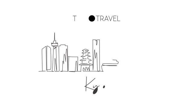 Animated self drawing of one continuous line draw Kyoto city skyline, Japan. Beautiful landmark. World landscape tourism and travel vacation poster art. Editable full length single line animation.
