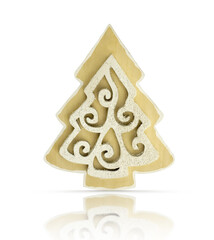 Wooden Christmas tree. Wooden decoration for decoration, spruce, fir. Wooden Christmas tree of white color and a beautiful pattern in the center, isolated on a white background and reflection.