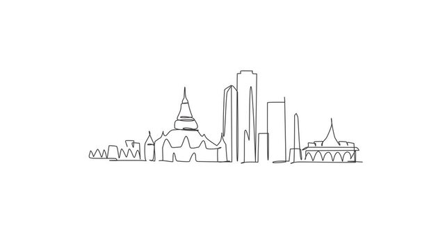 Animated self drawing of single continuous line draw Yangon city skyline, Myanmar. Famous city scraper landscape. World travel concept home art decor wall print poster. Full length one line animation.