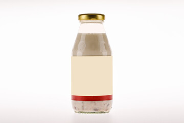 Health refreshment, protein and vitamin supplement drink extract from tasty bean in luxury glass bottle with brand advertising label as natural beverage product for therapy