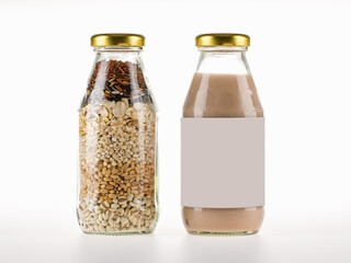 Cereal extract milk and dry organic compound grains in glass bottle for nourishment drink at breakfast for vegetarian and health therapy