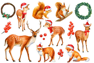 Watercolor animal Christmas deer, fox, squirrel isolated on white background.