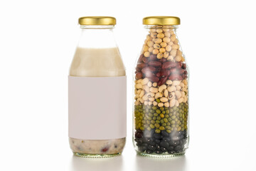 Drink glass bottles of nourishment organic beverage as fresh milk product extract from various natural beans, legume seed, grains, and transparent package to preserve dry ingredients of vegan food