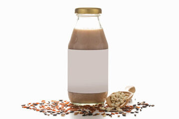 Natural nourishment drink liquid in glass bottle with blank label as advertising product for health care delicious beverage or fresh breakfast for refreshment extract from organic brown rice