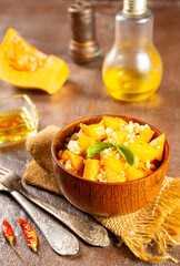 Baked pumpkin with boiled bulgur. Diet food.