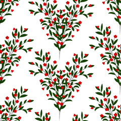 Vector seamless pattern. Abstract twigs with green leaves and red berries, on a white isolated background. 
