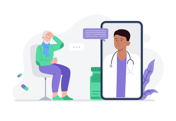 A sick old man on online consultation with a doctor. Video call with doctor. Online medical services, consultation and telemedicine concept. Vector flat illustration.
