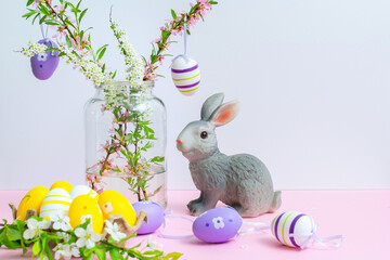 easter bunny and easter eggs, Easter composition of flowers and Easter eggs. Spring