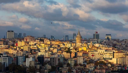 Fotobehang Istanbul, Turkey - October 29,  2021: Galata tower, seagulls and cityscape © kenan