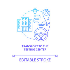 Transportation to testing center blue gradient concept icon. Road test service abstract idea thin line illustration. Driving school. Auto riding course. Vector isolated outline color drawing