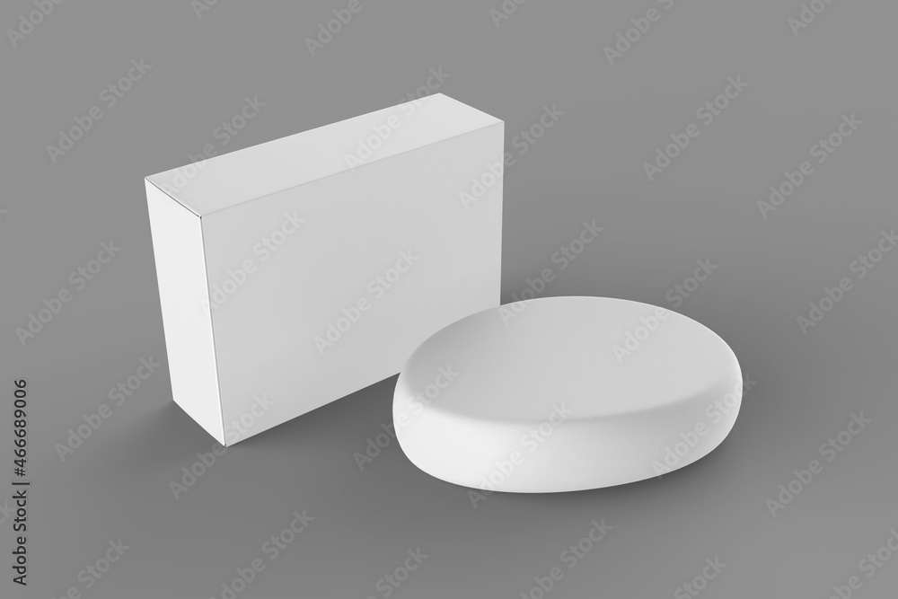 Poster empty blank white soap box with oval soap bar isolated on grey background. 3d rendering.