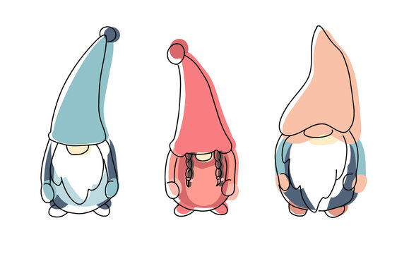 Little fairy-tale characters are gnomes. Collection of small garden gnomes, dwarfs from the cartoon. Vector illustration in a flat and linear style in delicate shades of pink and blue.