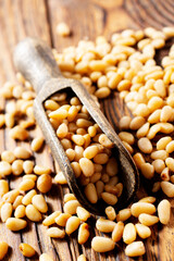 Pine nuts (cedar nuts). Delicious siberian product with nice taste and hale. Top view.