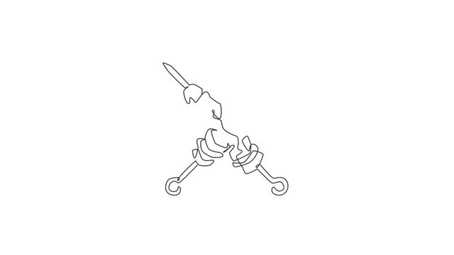 Animated self drawing of continuous line draw stylized Turkish kebab shop logo label. Emblem fast food restaurant concept. Full length one line animation for cafe, store or food delivery service.