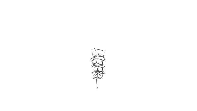 Animated self drawing of continuous line draw fresh hot delicious Turkish kebab restaurant logo emblem. Traditional Turkey food cafe shop logotype template concept. Full length single line animation.