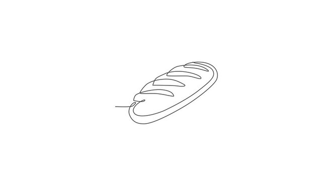 Animated self drawing of one continuous line draw fresh delicious online French long thin bread shop logo emblem. Home made baguettes store logotype template concept. Full length single line animation