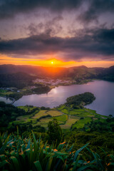 Fototapeta na wymiar Sunset at Sete Cidades, Azores, Portugal during hot summer day