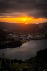 Sunset at Sete Cidades, Azores, Portugal during hot summer day