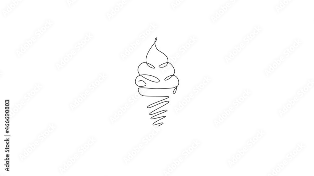 Poster animated self drawing of single continuous line draw stylized sweet ice cream cone logo label. emble
