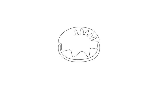 Animated self drawing of continuous line draw fresh sweet delicious American donuts restaurant logo emblem. Fast food doughnut cafe shop logotype template concept. Full length single line animation.