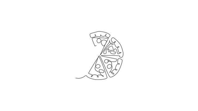 Animated self drawing of one continuous line draw fresh delicious Italy pizza restaurant logo badge. Fast food Italian pizzeria cafe shop logotype template concept. Full length single line animation.