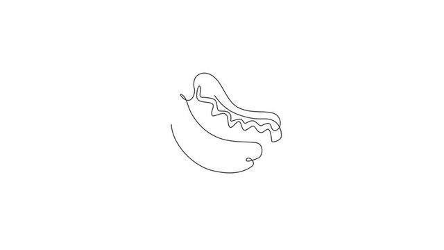 Animation of one line drawing of fresh logo American hot dog vector illustration. Fast food sandwich cafe menu and restaurant badge concept. Continuous line self draw animated. Full length motion.