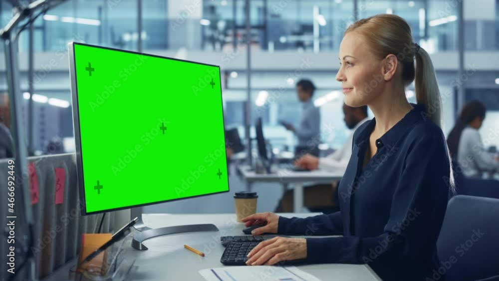 Poster diverse modern office: confident businesswoman using desktop computer with green screen mock up disp