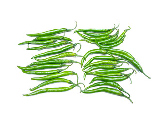 fresh green chillies isolated on white background, spicy vegetable, selective focus