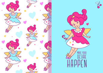 Space for a quote and isolated character girl with wings.Cute cartoon princess greeting card.Used as a decoration for kids' goods, tag, flyer, invitation.