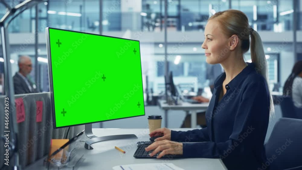 Fototapete diverse modern office: confident businesswoman using desktop computer with green screen mock up disp