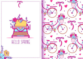 Vintage romantic concept  with a typewriter and retro bicycle ( full of flowers). Used as a layout for greeting card, tag, flyer, invitation. Two-sided or double-sided template.