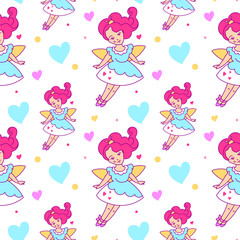 Cute cartoon seamless pattern with an fairy princess. Used as a wrapping paper, decoration for kids' goods, tag, flyer, invitation.
