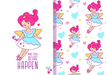 Cute cartoon fairy princess greeting card. Used as a decoration for kids' goods, tag, flyer, invitation. Space for a quote and isolated character girl with wings on wight background.