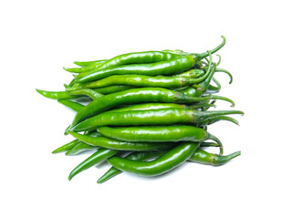 fresh green chillies isolated on white background, spicy vegetable, selective focus