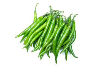 fresh green chillies isolated on white background, spicy vegetable, selective focus