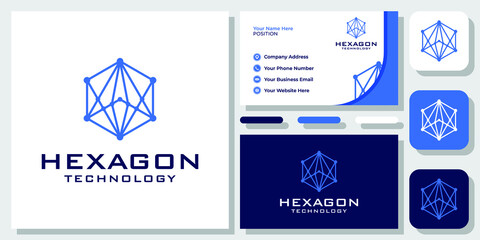 Hexagon Digital Technology Connection Network Data Security Logo Design with Business Card Template