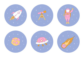 set of round icons of cosmic elements in flat style in bright colors: rocket, astronaut, planet, telescope, spaceship, comet