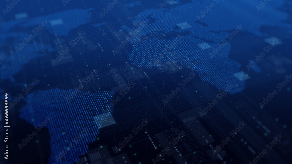Poster world map technology background, big data visualization, digital grid business concept