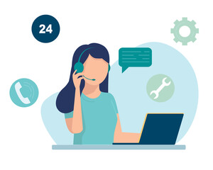 Woman with headphones and microphone with laptop. Concept illustration for support, assistance, call center. Vector illustration in flat style