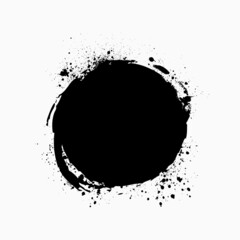 Paint brush stain with ink splashes. Grunge circle shape.