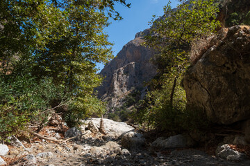 rocky bottom of a canyon into the mountains of Crete at summer