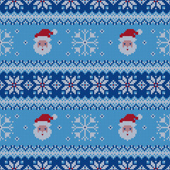 Knitted seamless pattern with Santa Clauses and scandinavian ornaments. Vector sweater background.