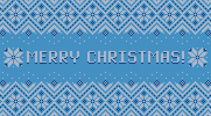 Merry Christmas banner. Knitted scandinavian background.