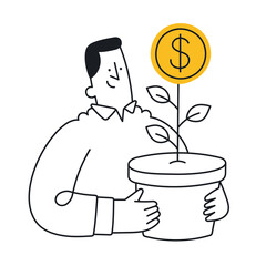 Businessman holds money plant with coin. Concept of investment growth, profit increase, smart business. Outline, linear, thin line, doodle art. Simple style with editable stroke.