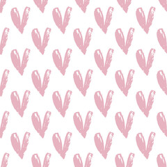 Pink hearts seamless pattern. Simple cute design with hand drawn brush texture as print for wrapping paper, clothes, cards.